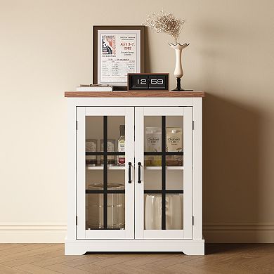 Buffet Cabinet with Storage, Sideboard Buffet with Glass Doors, Built-in Power Outlet