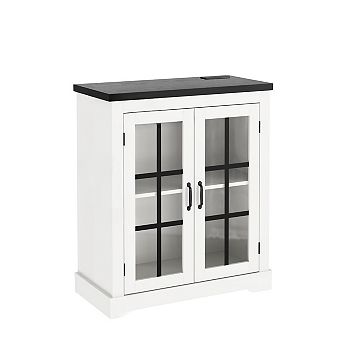 Buffet Cabinet with Storage, Sideboard Buffet with Glass Doors, Built-in Power Outlet