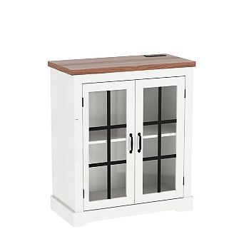 Buffet Cabinet with Storage, Sideboard Buffet with Glass Doors, Built-in Power Outlet