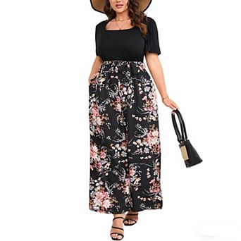 Plus Size Color Block Wide Leg Jumpsuit, Square Neck Short Sleeve Self Tie Waist Curvy Floral Print