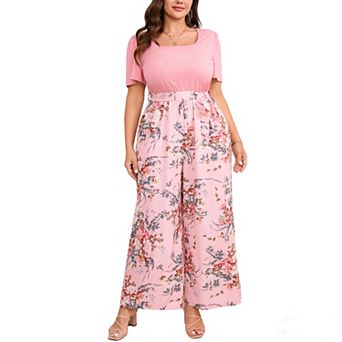 Plus Size Color Block Wide Leg Jumpsuit, Square Neck Short Sleeve Self Tie Waist Curvy Floral Print