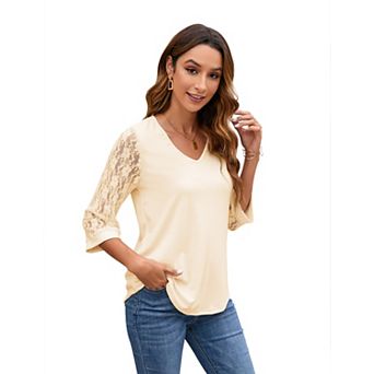 Womens 3/4 Length Lace Sleeve Tops Dressy Casual V Neck T Shirts Business Work Tunic Blouses