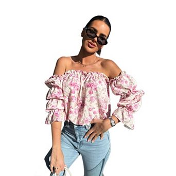 Womens Off the Shoulder Top Long Puff Sleeve Dressy Casual Blouse Cute Boho Ruffle Shirt