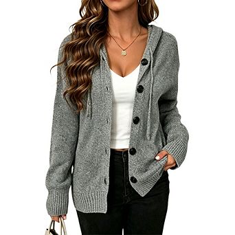Women's Knit Sweater Cardigan Long Sleeve Hooded Drawstring Button Down Outerwear Daily Casual