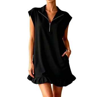 Women's Half Zip Cap Sleeve Mini Dress Collar V Neck Ruffle Hem Tunic Casual with Pockets