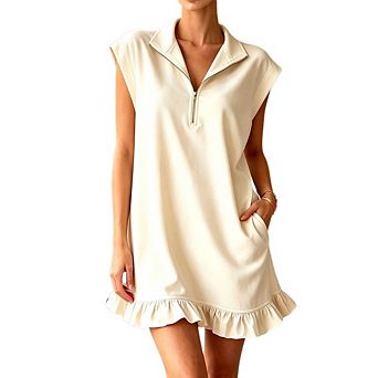 Women's Half Zip Cap Sleeve Mini Dress Collar V Neck Ruffle Hem Tunic Casual with Pockets