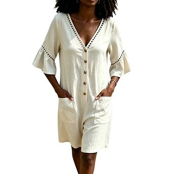 Women's Short Jumpsuit V Neck Ruffle Half Sleeve Eyelet Button Romper Vacation Casual Everyday