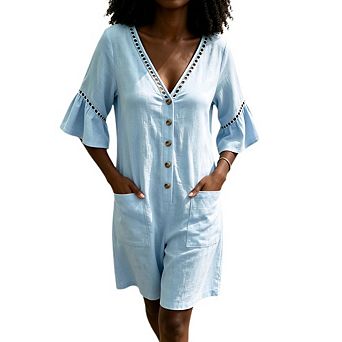 Women's Short Jumpsuit V Neck Ruffle Half Sleeve Eyelet Button Romper Vacation Casual Everyday