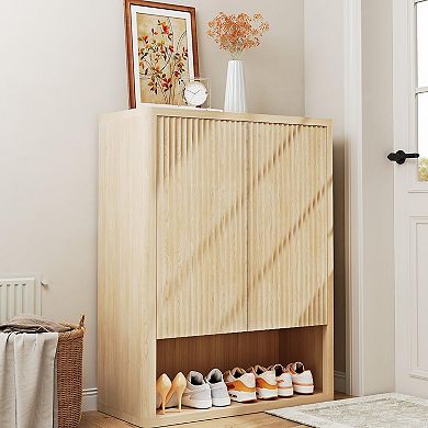 2 Fluted Doors with 5 Tier Shoe Cabinet, Freestanding Entryway Storage Cabinet