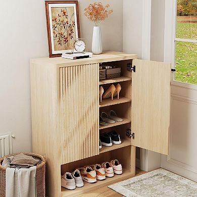 2 Fluted Doors with 5 Tier Shoe Cabinet, Freestanding Entryway Storage Cabinet