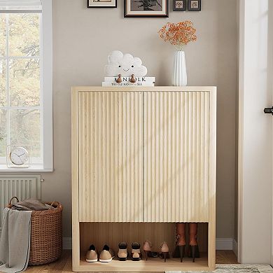 2 Fluted Doors with 5 Tier Shoe Cabinet, Freestanding Entryway Storage Cabinet