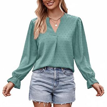 Womens Blouses Dressy Casual Tops Long Puff Sleeve Polka Dot V Neck Work Office Shirts