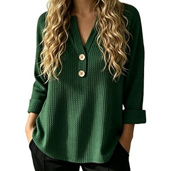 Women Waffle Knit Long Sleeve Henley Shirts Notch V Neck Loose Casual Blouse Tops
