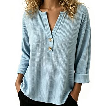 Women Waffle Knit Long Sleeve Henley Shirts Notch V Neck Loose Casual Blouse Tops