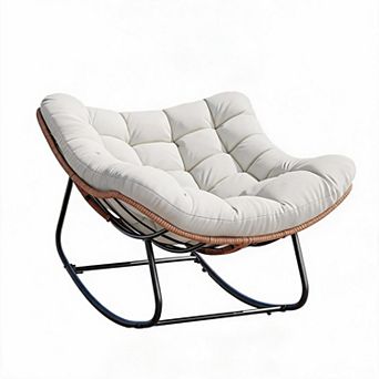 Comfortable Outdoor Papasan Rocking Chair Heavy Duty Cushioned Rattan Egg Lounge Glider