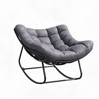 Comfortable Outdoor Papasan Rocking Chair Heavy Duty Cushioned Rattan Egg Lounge Glider