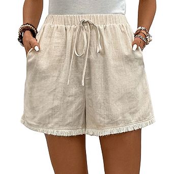Women Elastic Drawstring High Waist Shorts Raw Fringe Hem Relax Fit Lightweight Summer Casual Bottom