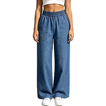 Women Elastic High Waist Lightweight Denim Wide Leg Pants Loose Full Length Casual Trousers