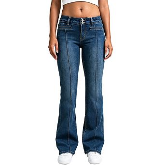 Women Double Button Jeans Front Vertical Seam Embroidered Back Pocket Stretch Denim Pants