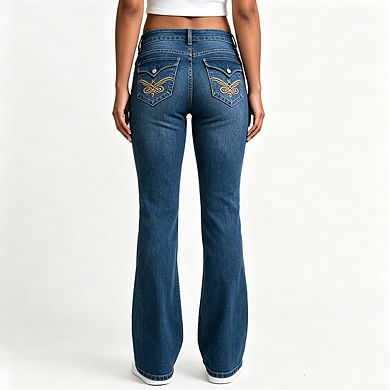Women Double Button Jeans Front Vertical Seam Embroidered Back Pocket Stretch Denim Pants