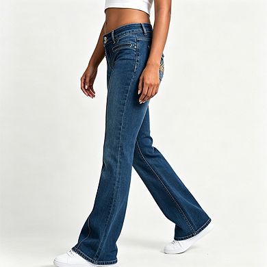 Women Double Button Jeans Front Vertical Seam Embroidered Back Pocket Stretch Denim Pants