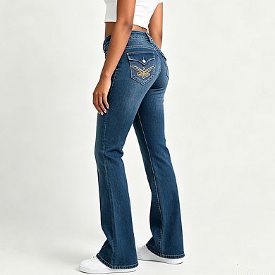 Women Double Button Jeans Front Vertical Seam Embroidered Back Pocket Stretch Denim Pants