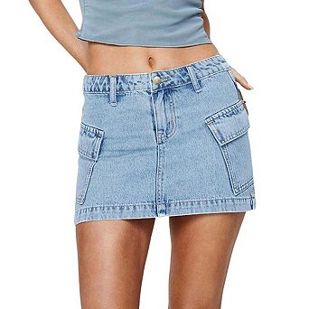 Women Low Rise Light Wash Cargo Denim Mini Skirt Side Flap Pocket Straight Jean Skirt