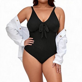 Plus Size One Piece Swimsuit Front Tie V Neck Tummy Control Modest Bathing Suit