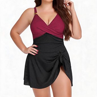 Plus Size One Piece Swim Dress Wrap V Neck Tummy Control Skirted Bathing Suit