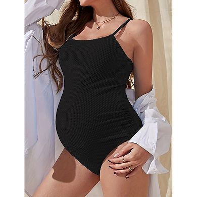 Maternity One Piece Swimsuit Spaghetti Strap Ruched Tummy Support Bathing Suit