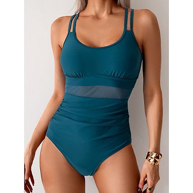 Womens One Piece Swimsuit Mesh Patchwork Bathing Suit Tummy Control Swimwear