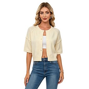Women Casual Cropped Cardigan Outer Seam Short Sleeve Knit Top