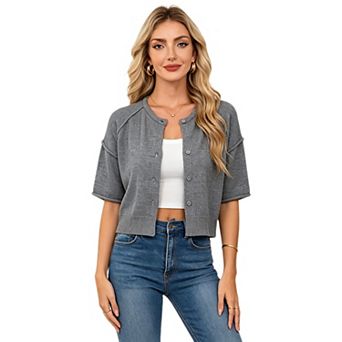 Women Casual Cropped Cardigan Outer Seam Short Sleeve Knit Top