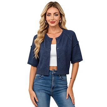 Women Casual Cropped Cardigan Outer Seam Short Sleeve Knit Top