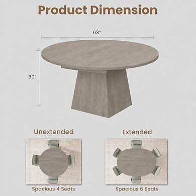 Extendable Oval Dining Table 47"-63" Round Kitchen Table with Thickened Wood Top & Pedestal Base