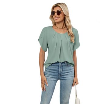Womens Summer Tops Pleated Crew Neck Short Sleeve T Shirts Casual Loose Tunic Chiffon Blouse