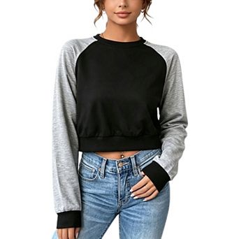 Womens Cropped Sweatshirt Color Block Crewneck Long Sleeve Crop Pullover Casual Workout Top