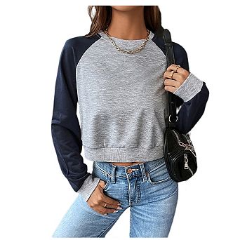 Womens Cropped Sweatshirt Color Block Crewneck Long Sleeve Crop Pullover Casual Workout Top