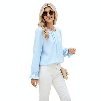 Womens Long Puff Sleeve Blouse Shirt Casual Pleated Crew Neck Business Casual Loose Chiffon Tops
