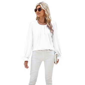 Womens Long Puff Sleeve Blouse Shirt Casual Pleated Crew Neck Business Casual Loose Chiffon Tops
