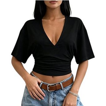 Women's Ruched Waist Going Out Tops Deep V Neck Cropped T Shirts Short Sleeve Fitted Casual Blouse