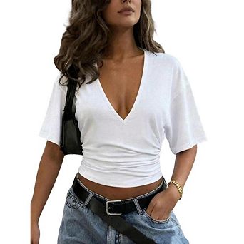 Women's Ruched Waist Going Out Tops Deep V Neck Cropped T Shirts Short Sleeve Fitted Casual Blouse