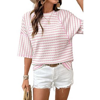 Womens Oversized Shirt Tops Casual Striped Color Block Short Sleeve T Shirts Crew Neck Blouses