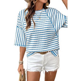 Womens Oversized Shirt Tops Casual Striped Color Block Short Sleeve T Shirts Crew Neck Blouses
