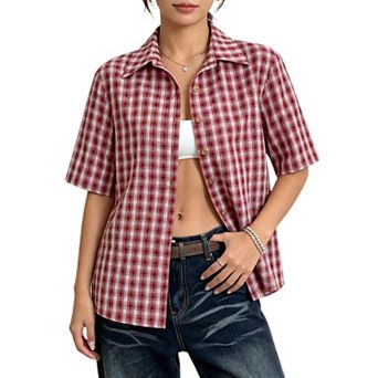 Women's Summer Collared Button Down Shirt Casual Plaid V Neck Short Sleeve Blouse Tops