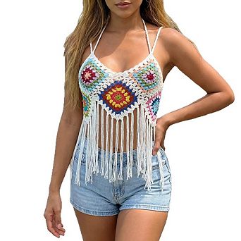 Women's Hand Crocheted Camisole with Floral Patchwork Tassel Patchwork Crocheted Top