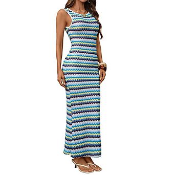 Women's Round Neck Striped Sleeveless Vacation Style Knit Fashion Maxi Dress