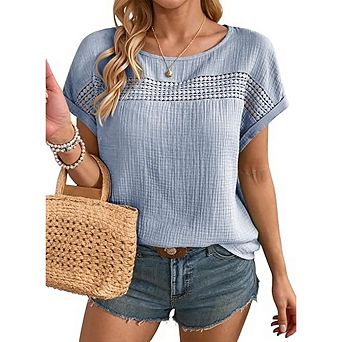 Women's Summer Tops Round Neck Short Sleeve Hollow Out T Shirt Casual Loose Solid Color Shirt