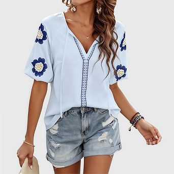 Women's Summer Tops Floral Embroidered Puff Short Sleeve Shirts V Neck Boho Tunic Casual Blouse