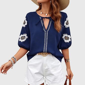 Women's Summer Tops Floral Embroidered Puff Short Sleeve Shirts V Neck Boho Tunic Casual Blouse